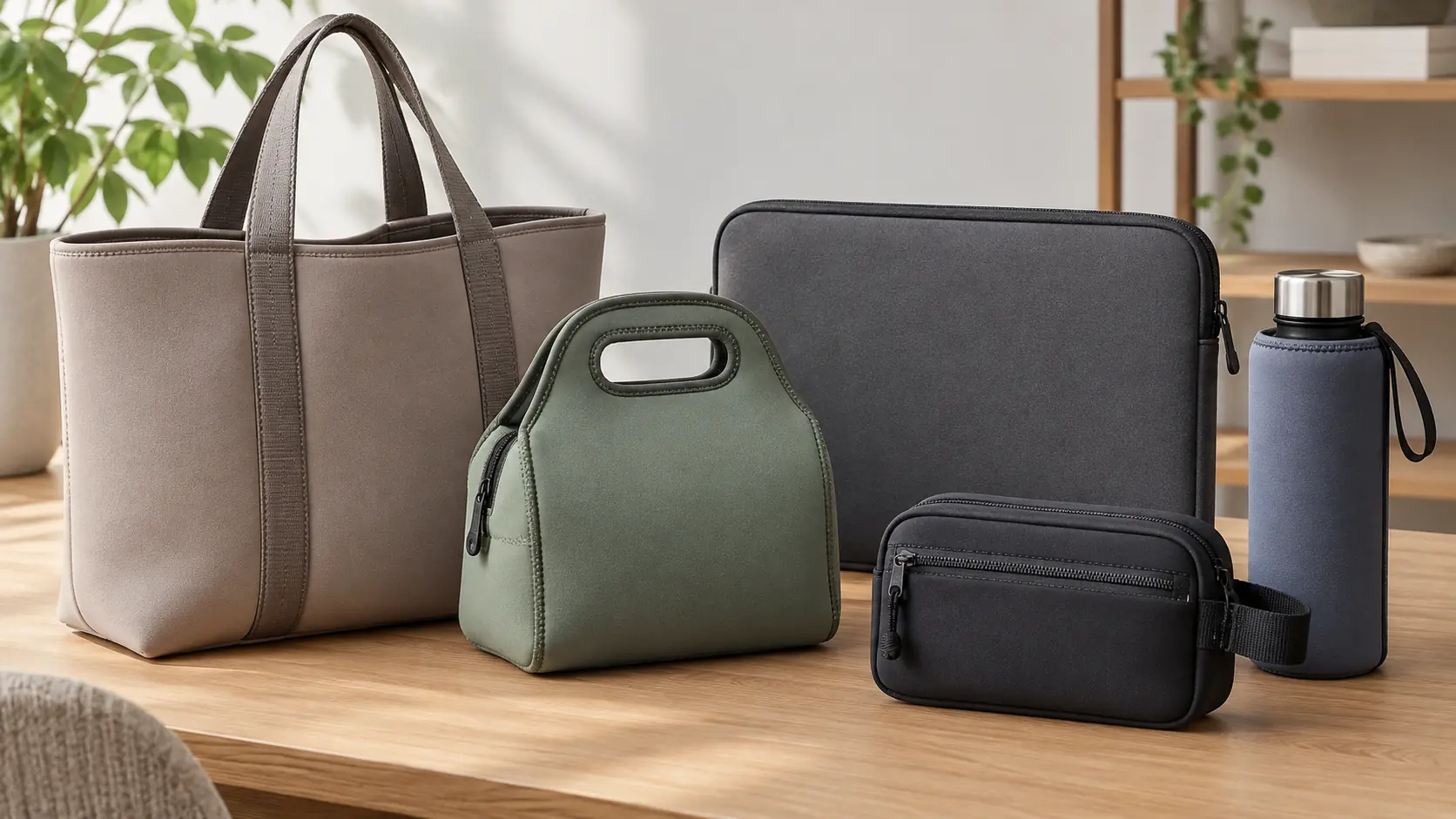 Unbranded neoprene tote, lunch carrier, laptop sleeve, bottle sleeve, and sports pouch displayed as buyer samples