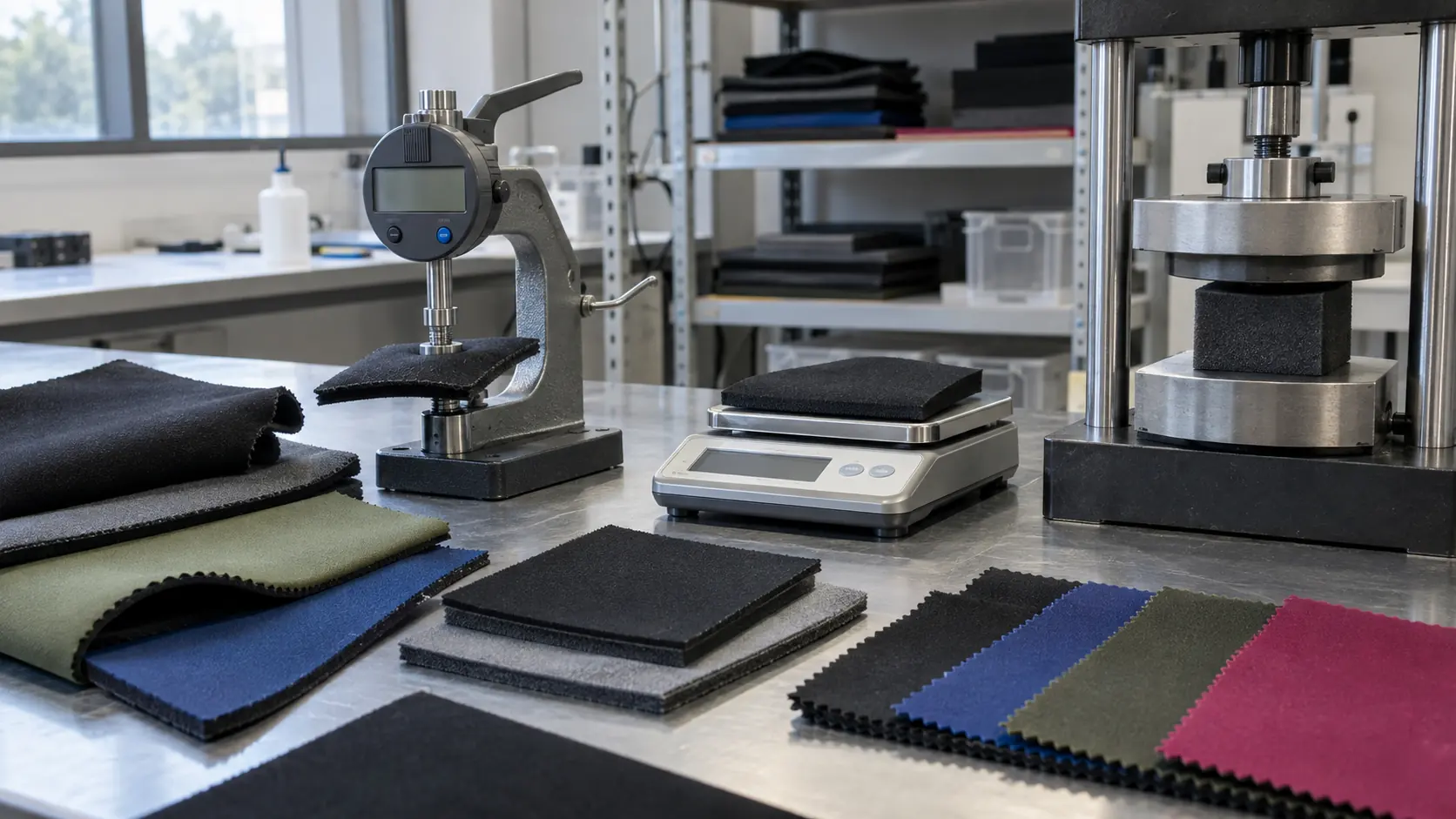Neoprene sample testing with thickness caliper, precision scale, and compression fixture in a materials lab