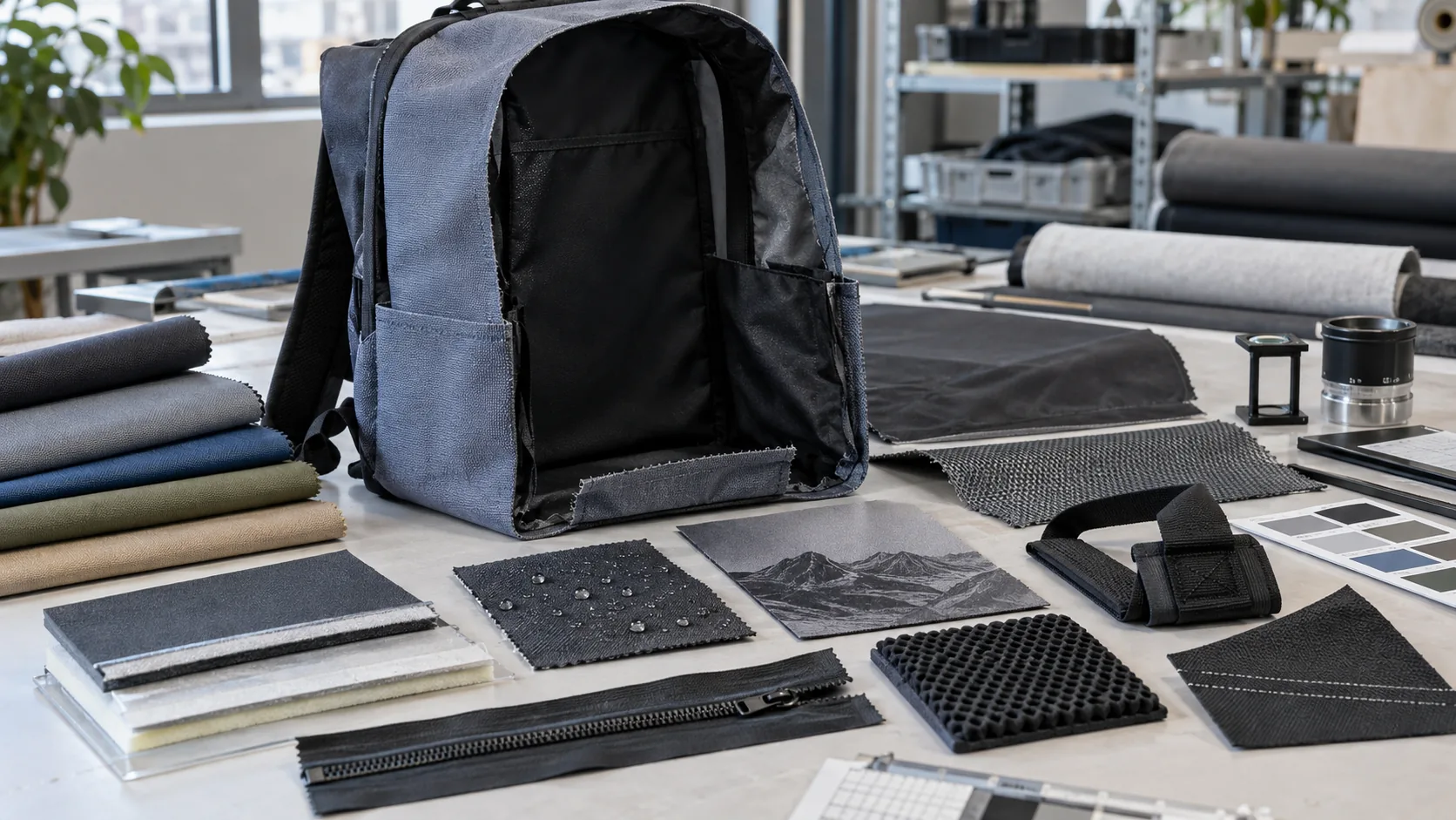 Oxford backpack components showing weave, coating, backing, print, seams, zipper, and reinforcement