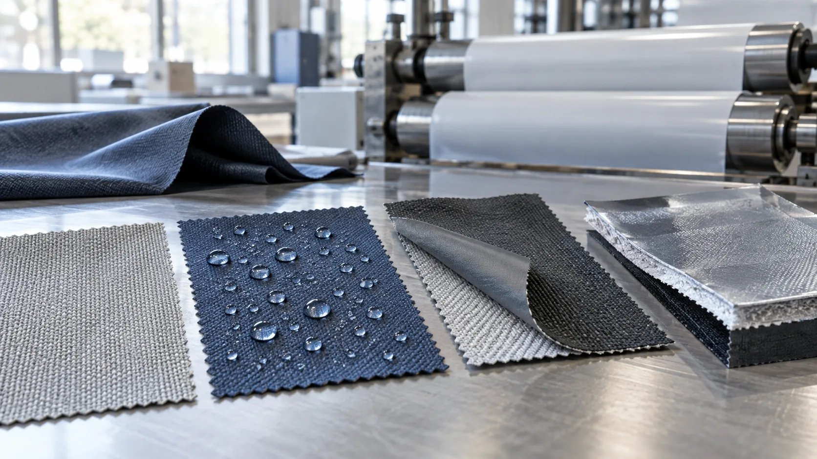 Uncoated, DWR-finished, coated, and laminated polyester swatches showing layer differences