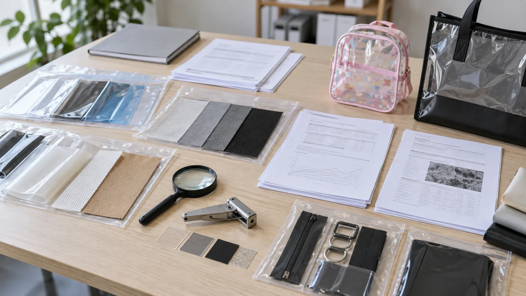 PVC material samples, bag components, and technical documents arranged for a compliance review