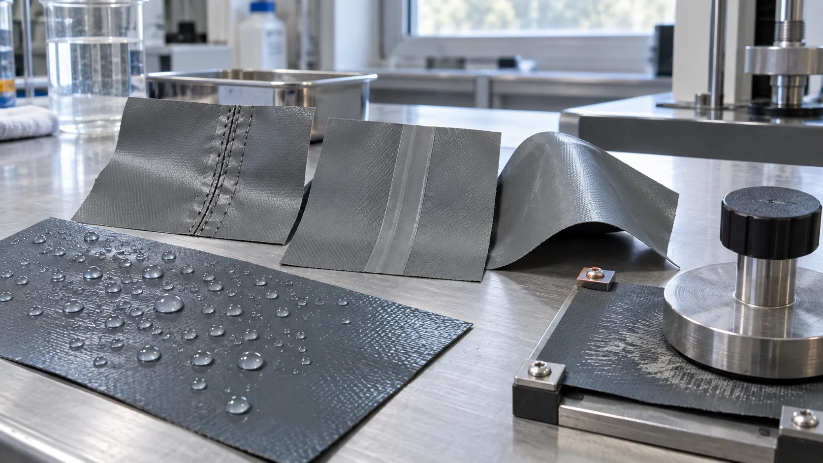 PVC-coated panels with water droplets, stitched and welded seams, a flex sample, and abrasion test equipment