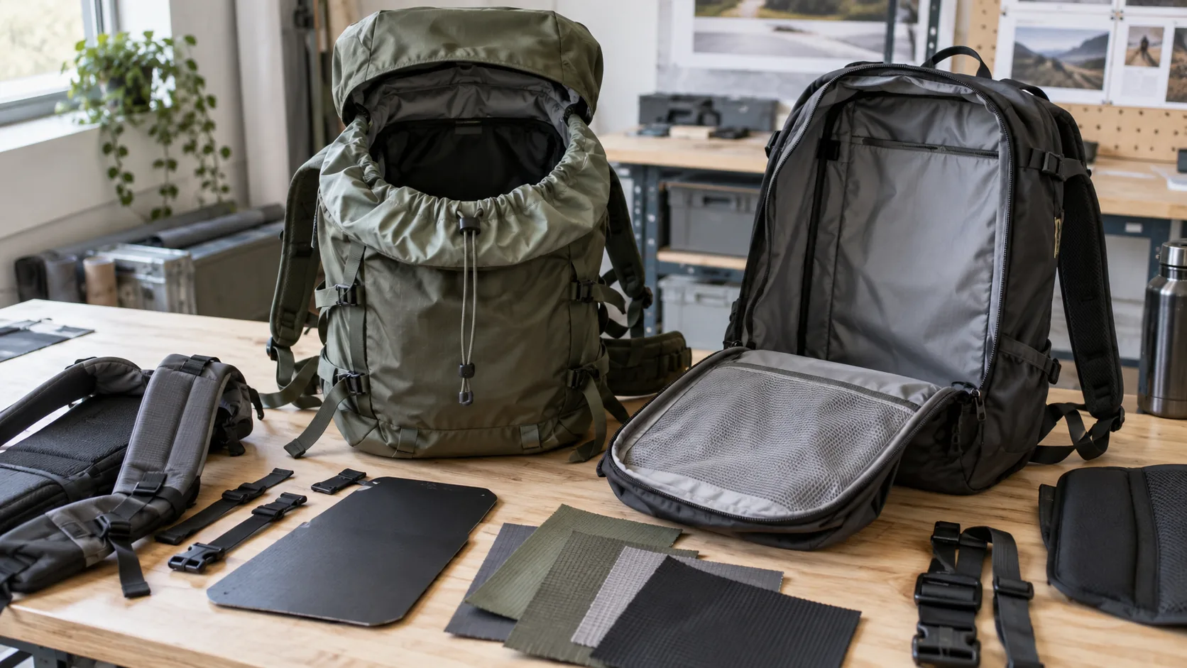 A drawstring-and-flap rucksack beside a panel-zip backpack with both openings fully visible