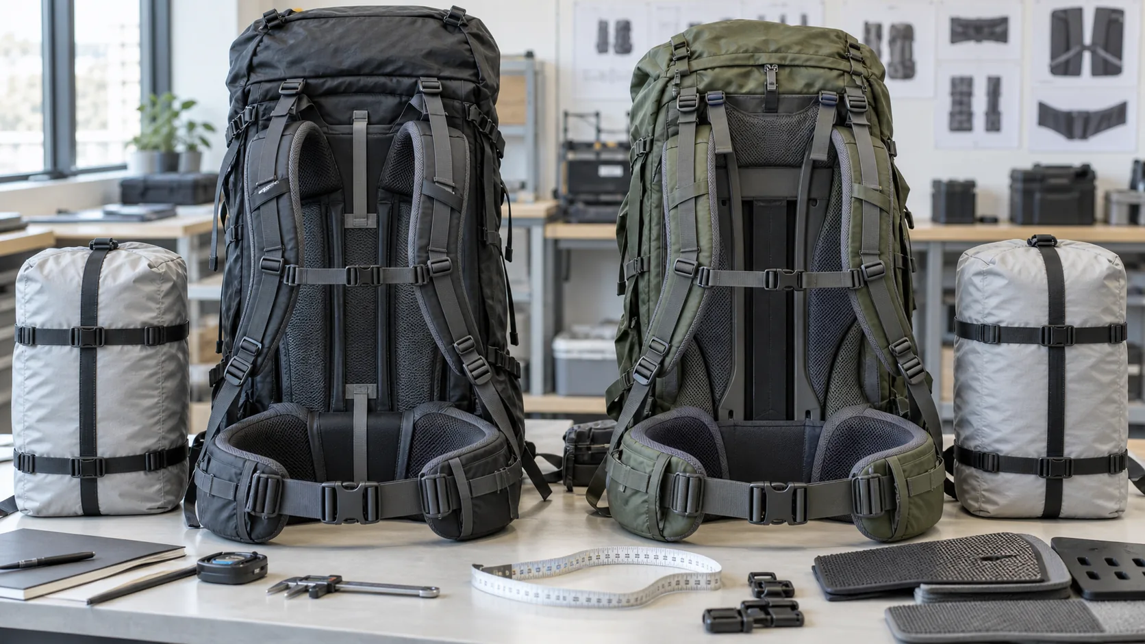Two backpack harness systems compared with shoulder straps, sternum straps, hip belts, frame sheets, and a controlled sample load