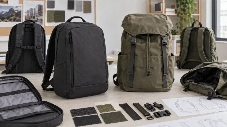 An everyday backpack and a flap-top rucksack compared from the front, back, and open side on a product-development table