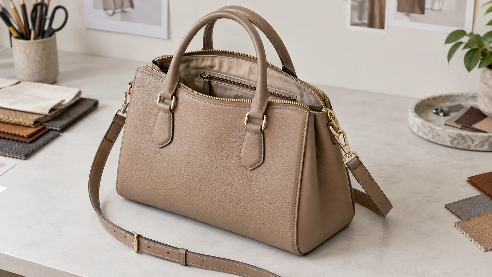 Structured satchel sample showing front panel, gusset, flat base, top handles, long strap and zipper opening