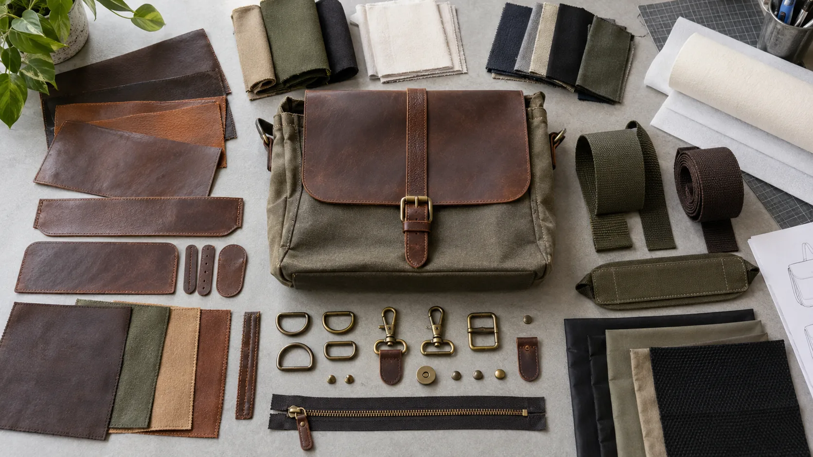 Satchel development table with leather, PU-coated fabric, canvas, lining, stiffener, strap hardware and closure samples