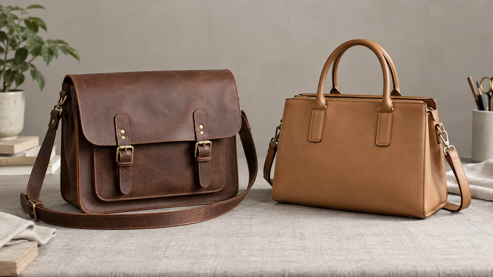 Traditional shoulder-strap school satchel beside a modern structured top-handle satchel on a neutral studio table