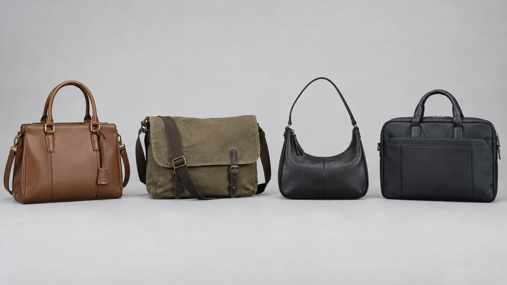 Unbranded satchel, messenger bag, shoulder bag and briefcase compared in one realistic studio lineup
