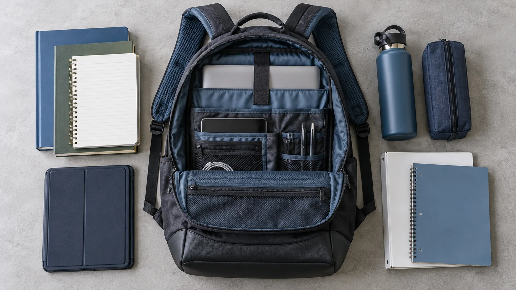 Top-down view of a school backpack with laptop sleeve, pockets, shoulder straps and representative school contents
