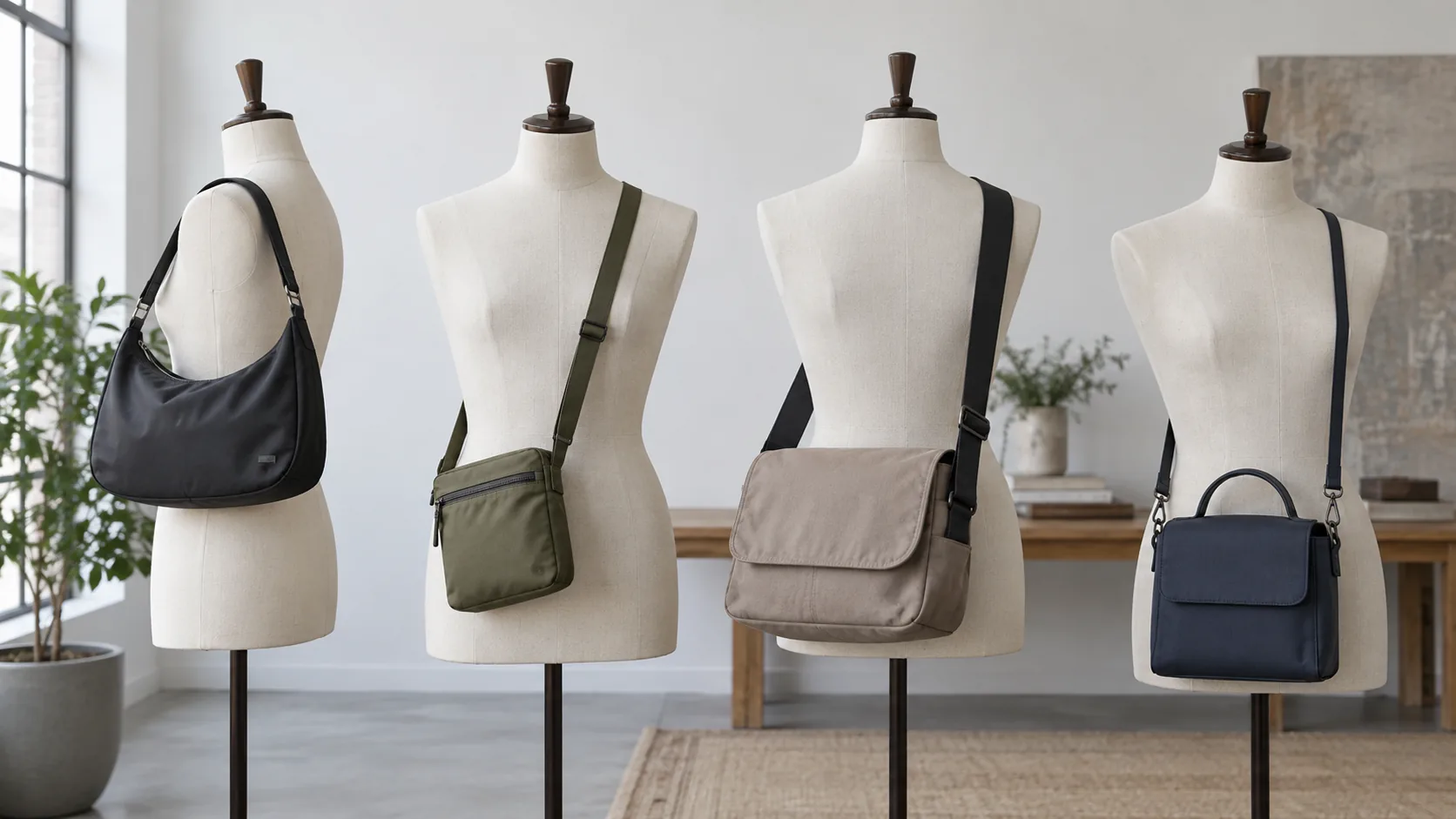 A shoulder bag crossbody bag flap messenger and small satchel displayed on forms that show strap length body position and opening direction