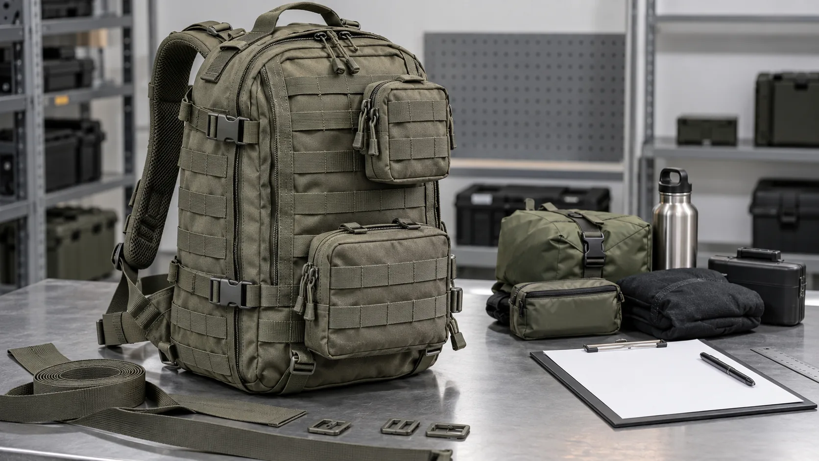 A tactical-style backpack with PALS webbing modular pouches reinforced anchors and a controlled sample load displayed on a neutral inspection table