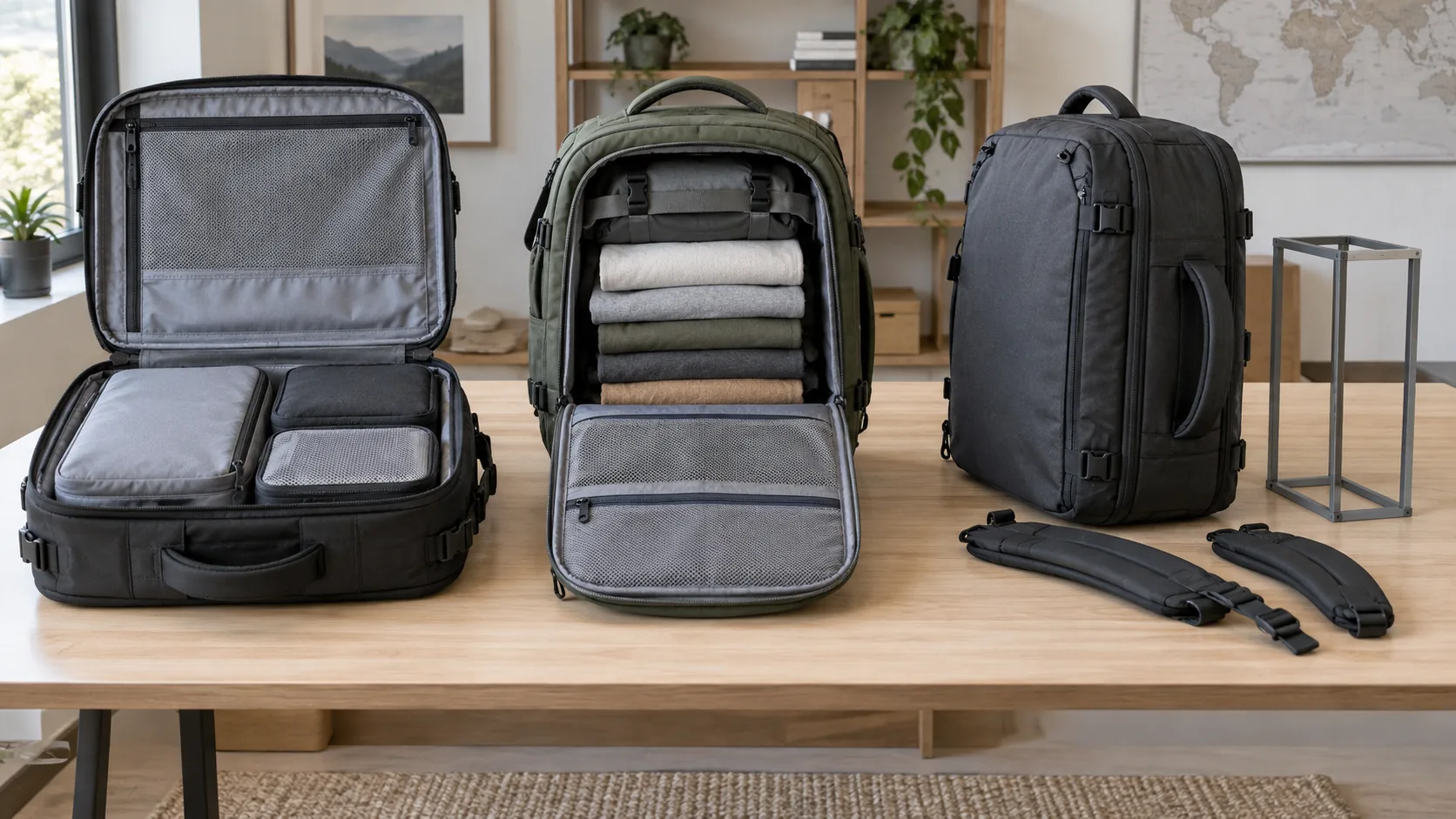 A clamshell travel backpack panel-opening carry-on backpack and convertible backpack displayed open with packing cubes and stowable straps visible