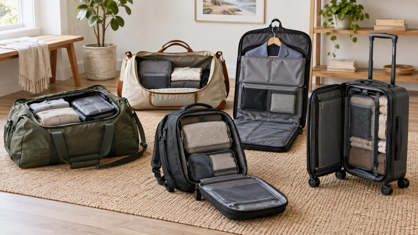 A soft duffel weekender garment bag travel backpack and rolling carry-on arranged open with realistic unbranded packing contents