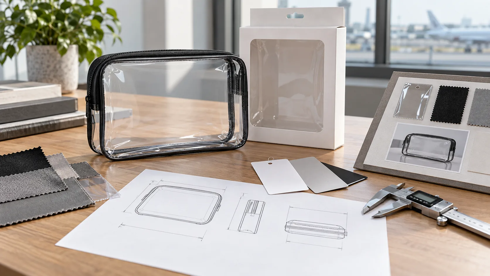 A clear travel pouch beside blank retail packaging, product specification sheets, and an unbranded sample approval board without government seals