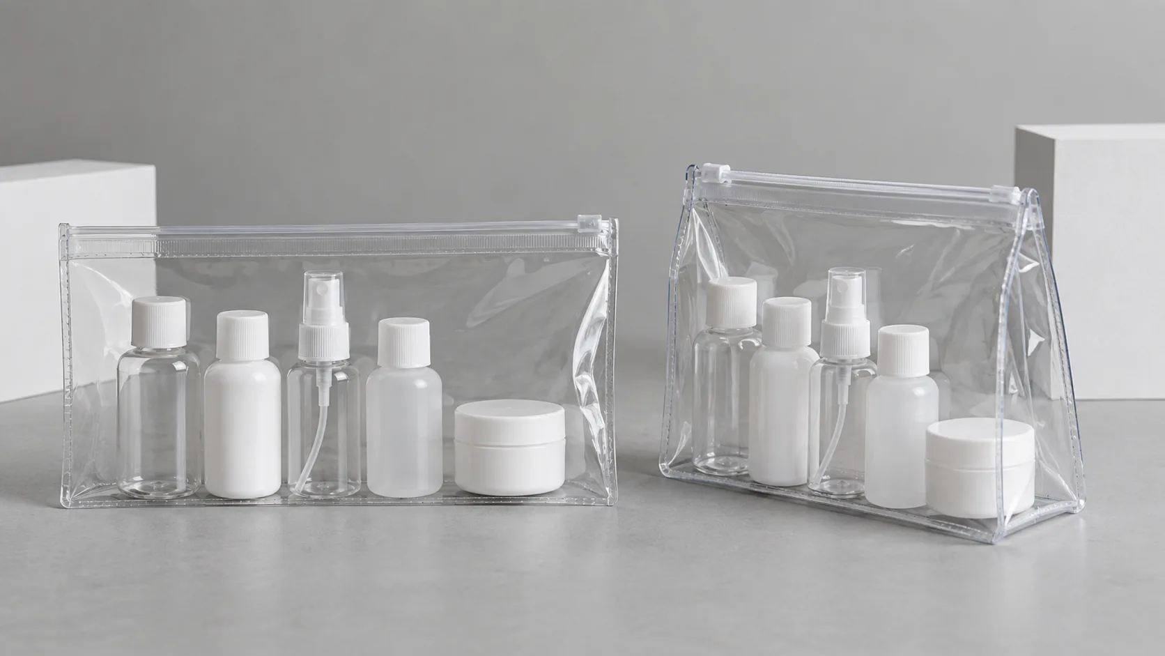 A flat clear zip-top pouch and a gusseted clear pouch holding matching travel containers on a product-development workbench