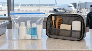 A clear quart-size zip-top liquids bag holding unbranded travel containers beside a larger opaque toiletry organizer on an airport packing surface