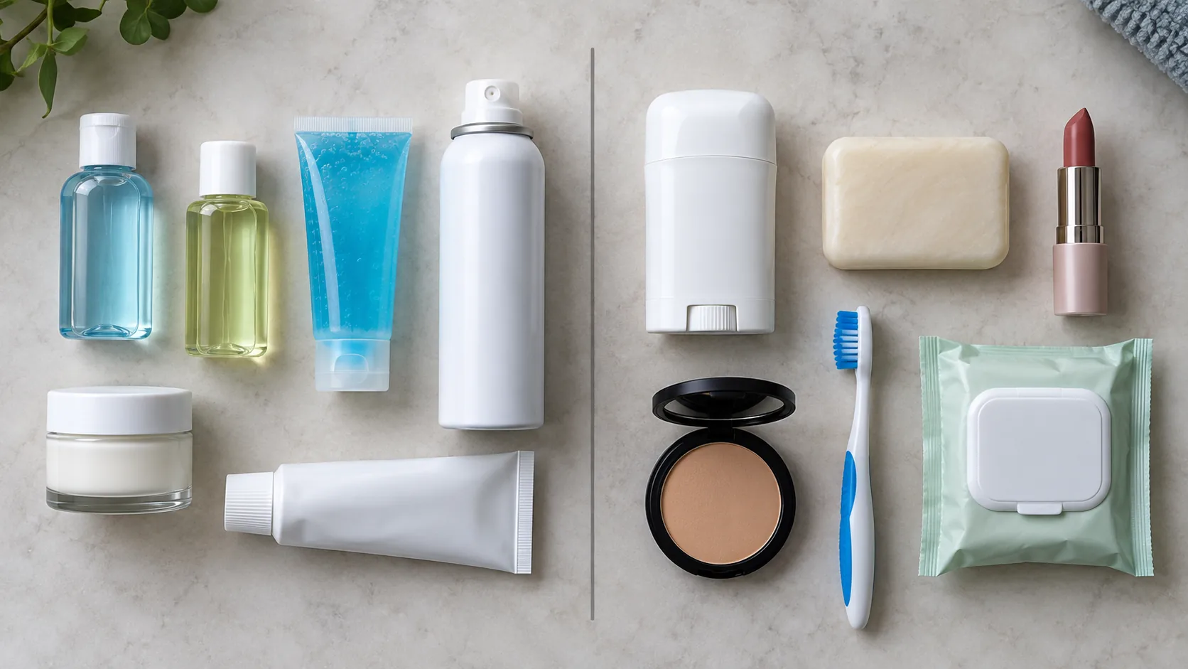 Unbranded toiletries arranged in two groups with liquids gels creams pastes and aerosols separated from solid sticks bars powders and wipes