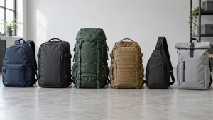 Six types of backpacks including everyday travel hiking tactical sling and roll-top designs arranged together in an unbranded product-development studio