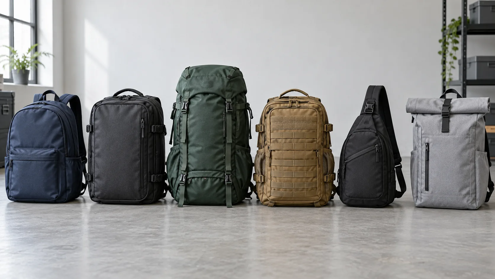 Six types of backpacks including everyday travel hiking tactical sling and roll-top designs arranged together in an unbranded product-development studio