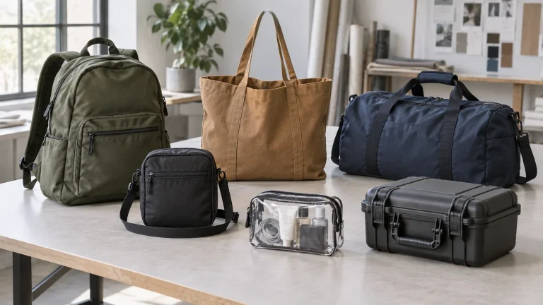 A backpack tote crossbody duffel clear pouch and structured protective case arranged as representative types of bags on a product-development table