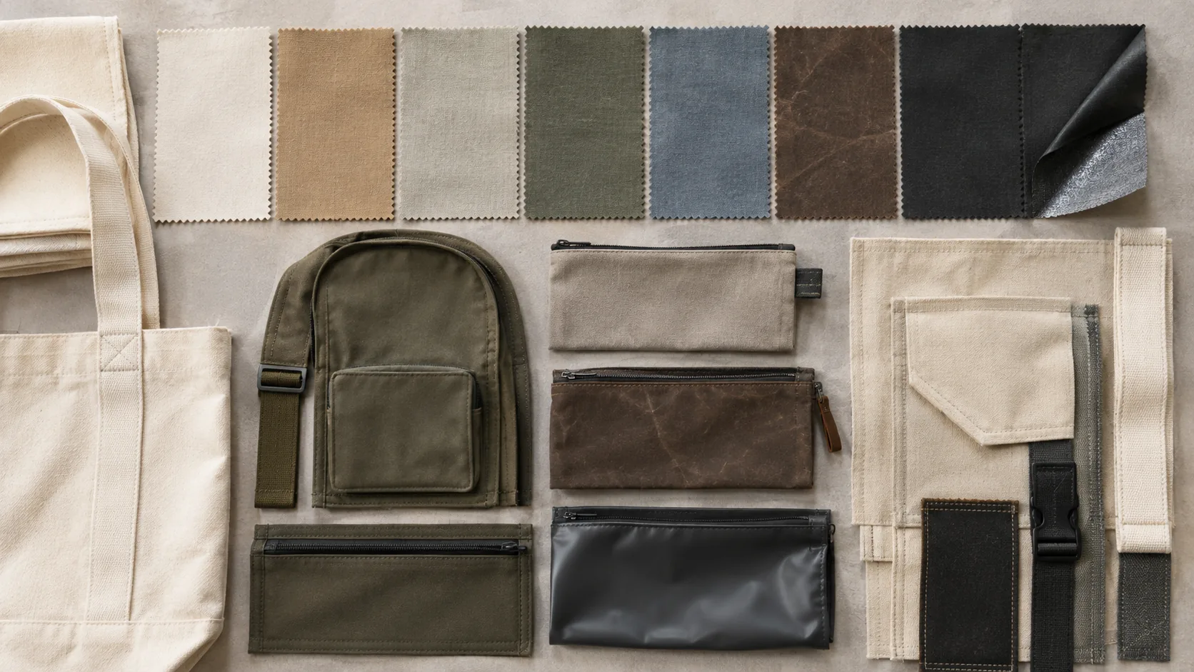Cotton, duck, blended, synthetic, washed, waxed, and coated canvas with unfinished bag components