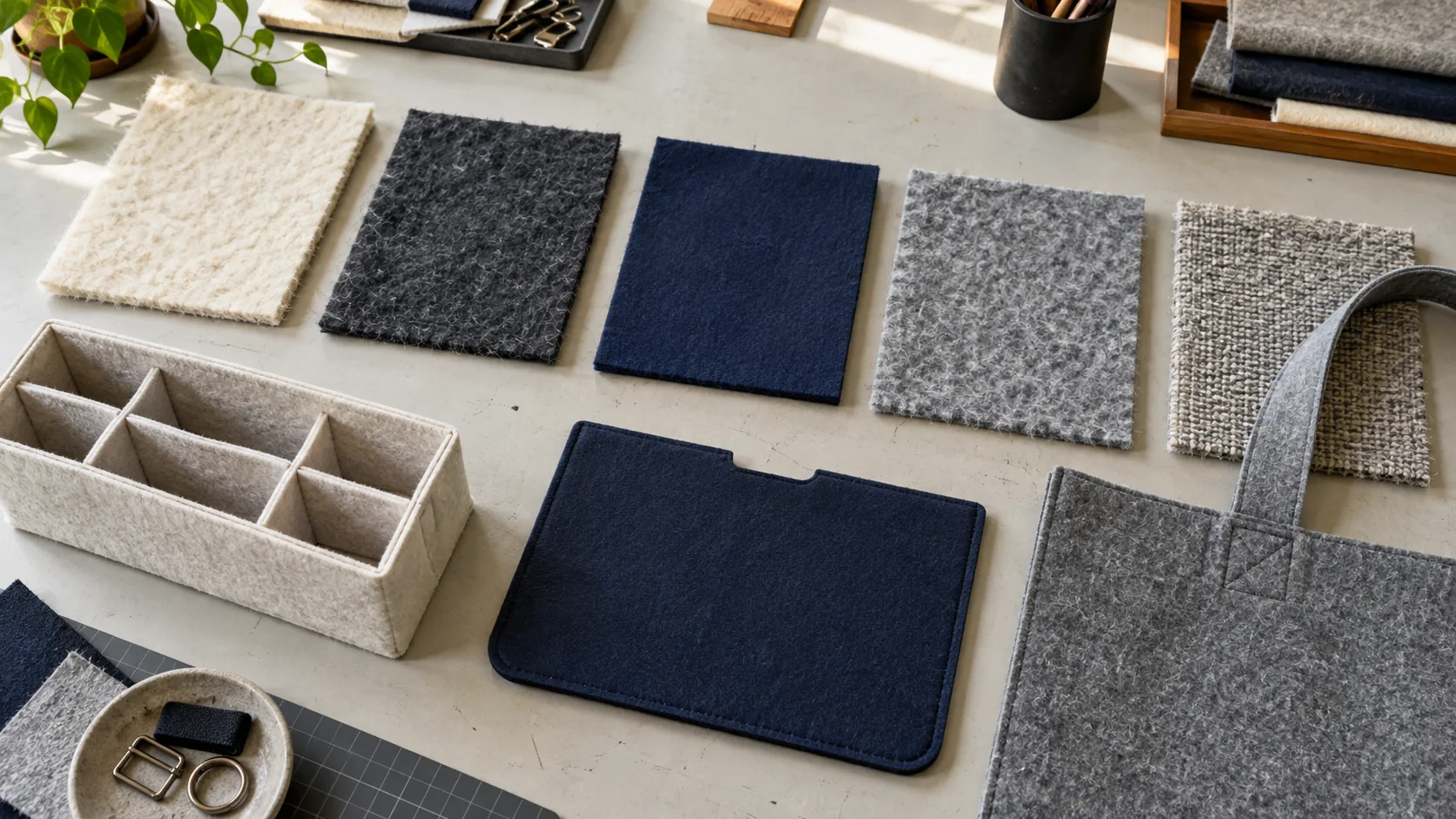 Five types of felt fabric arranged with organizer, sleeve, and tote component samples