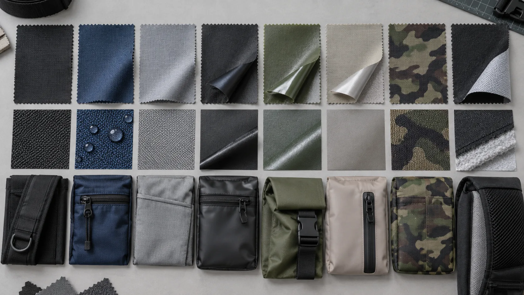 Polyester, nylon, uncoated, coated, laminated, printed, and backed Oxford swatches beside bag components