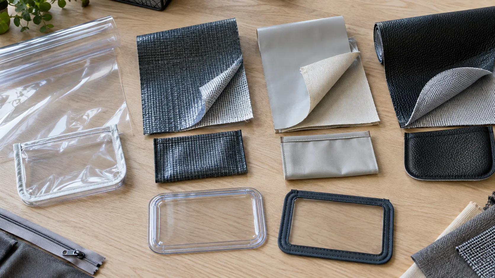 Five PVC material constructions arranged with transparent pouches, coated panels, and synthetic-leather components