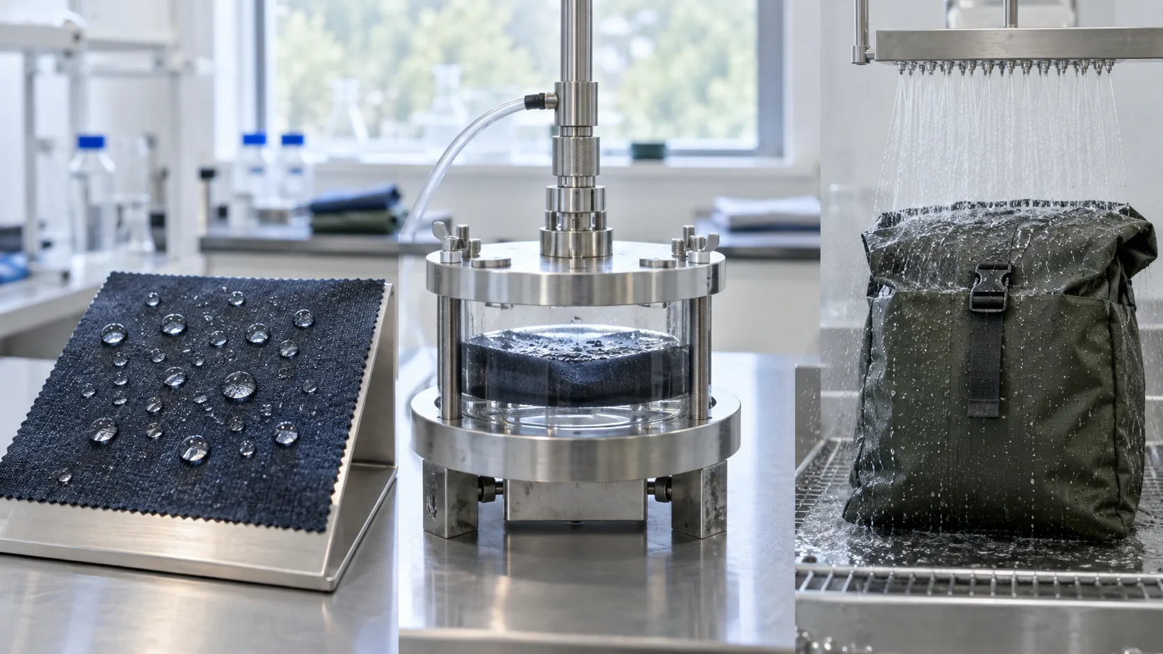 Fabric surface wetting, hydrostatic testing, and finished backpack spray exposure in a textile lab