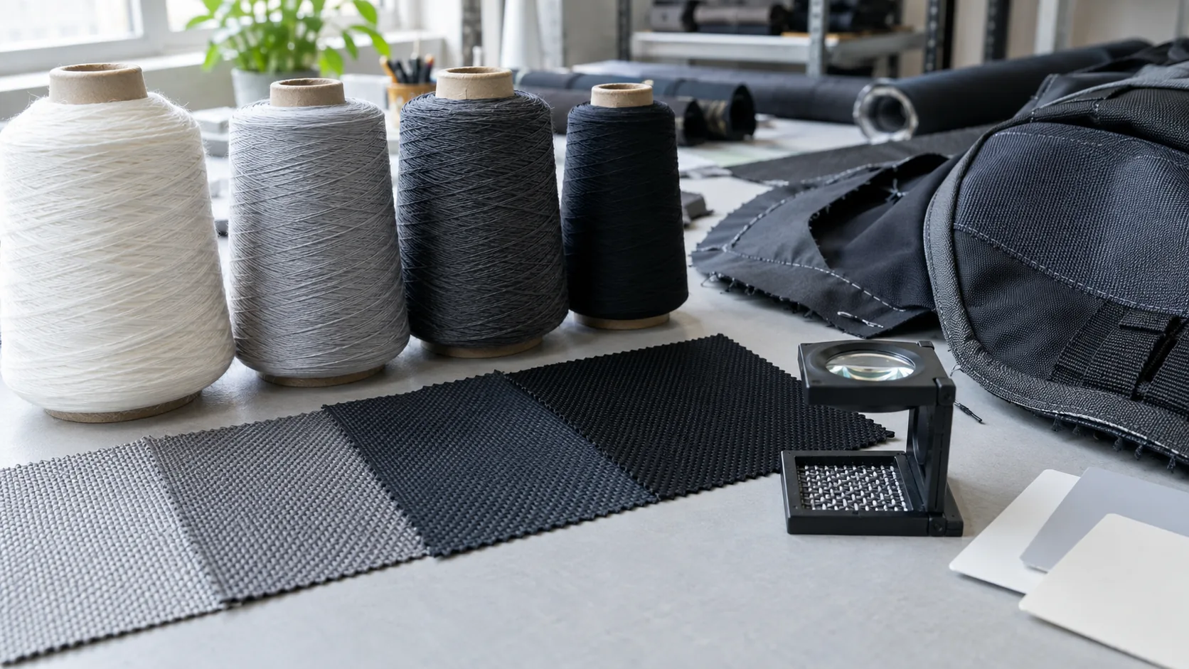 Yarn cones, woven bag-fabric swatches, textile loupe, and a partially assembled backpack shell