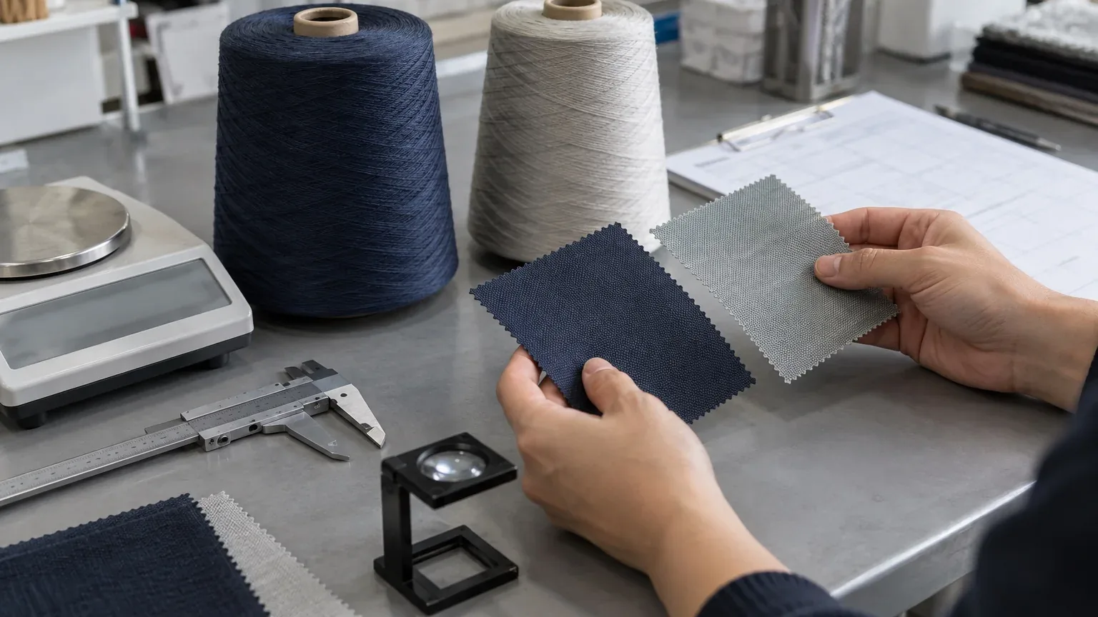 Buyer comparing nylon yarn and fabric specifications with textile inspection tools