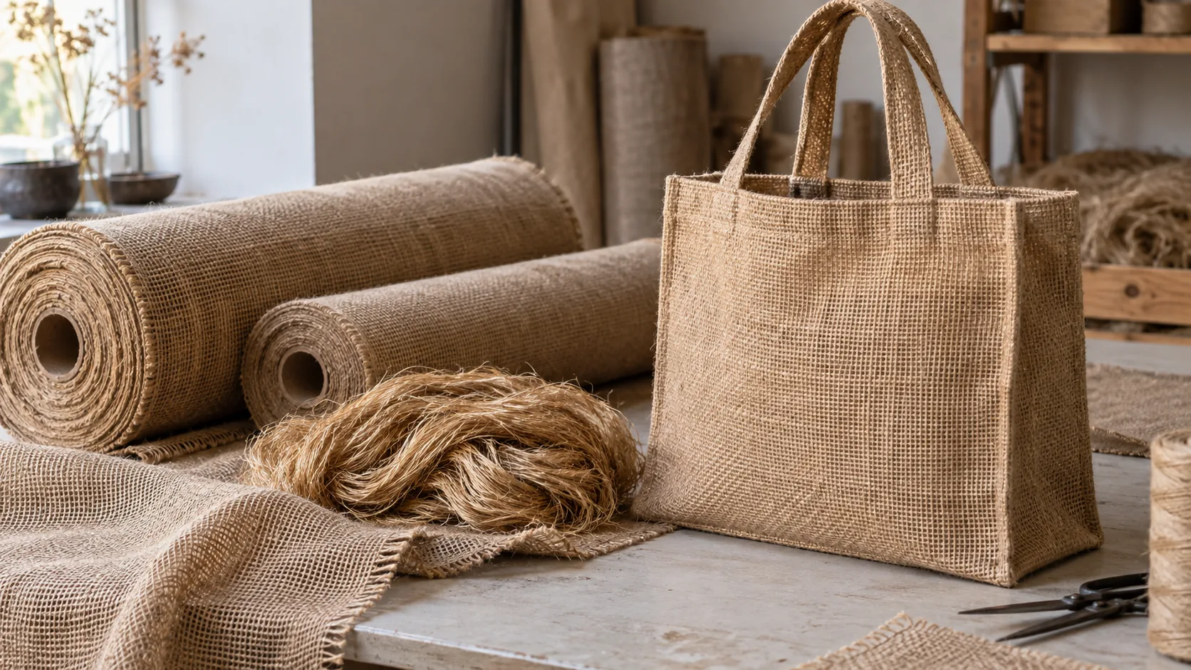Natural burlap fabric rolls, loose jute fibers and a finished unbranded tote bag on a neutral textile worktable