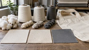 Cotton fiber, spun yarns, canvas fabric constructions, and a sewn tote panel on a sourcing bench