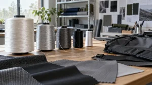 Filament yarn cones, woven fabric swatches, and a backpack panel illustrating yarn linear density