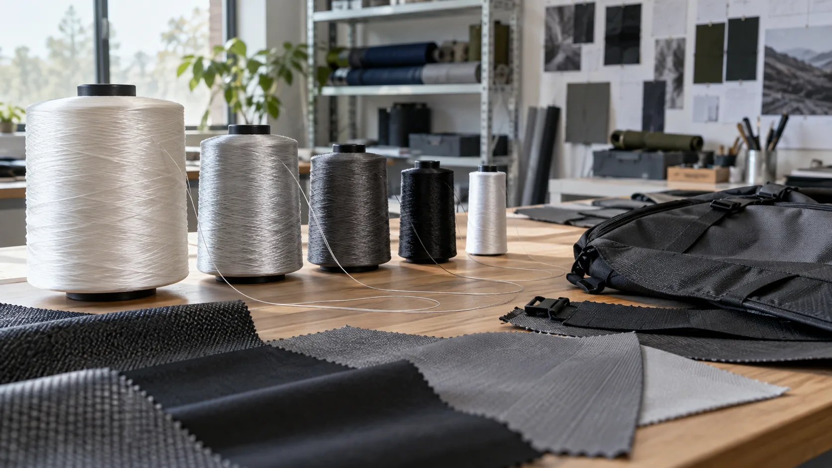 Filament yarn cones, woven fabric swatches, and a backpack panel illustrating yarn linear density