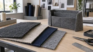 Wool and synthetic felt fabric swatches beside a sewn bag organizer panel