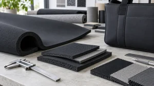 What is a neoprene bag made from: black foam sheet, textile-faced samples, and an unbranded bag panel