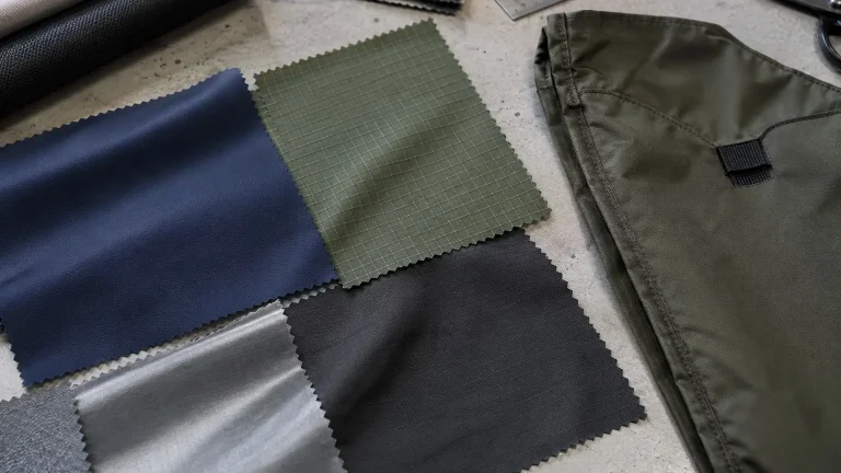 Different nylon fabric swatches and an unbranded bag panel on a textile development table