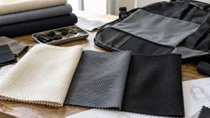 Traditional cotton Oxford cloth beside polyester and nylon Oxford swatches and a backpack panel