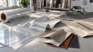 Clear PVC film, coated woven textile, synthetic leather, and a semi-rigid bag insert on a sourcing table