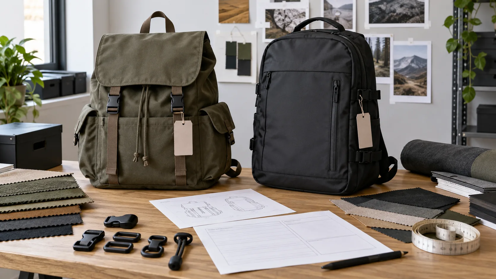 A flap-and-drawstring rucksack and a panel-zip backpack beside blank product tags and specification sheets