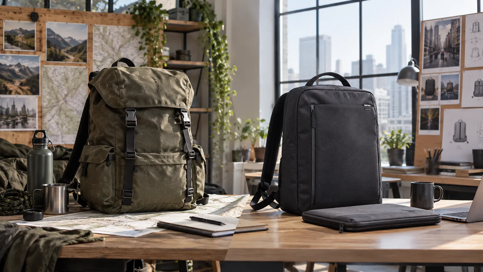 An outdoor equipment setting and an urban commuter desk showing similar back-carried bags with different styling